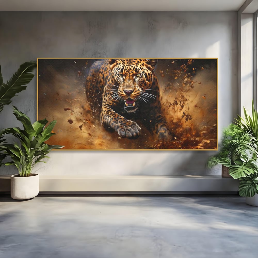Tablou canvas cu tablou canvas cu leopard in alergare, in rama de aluminiu auriu